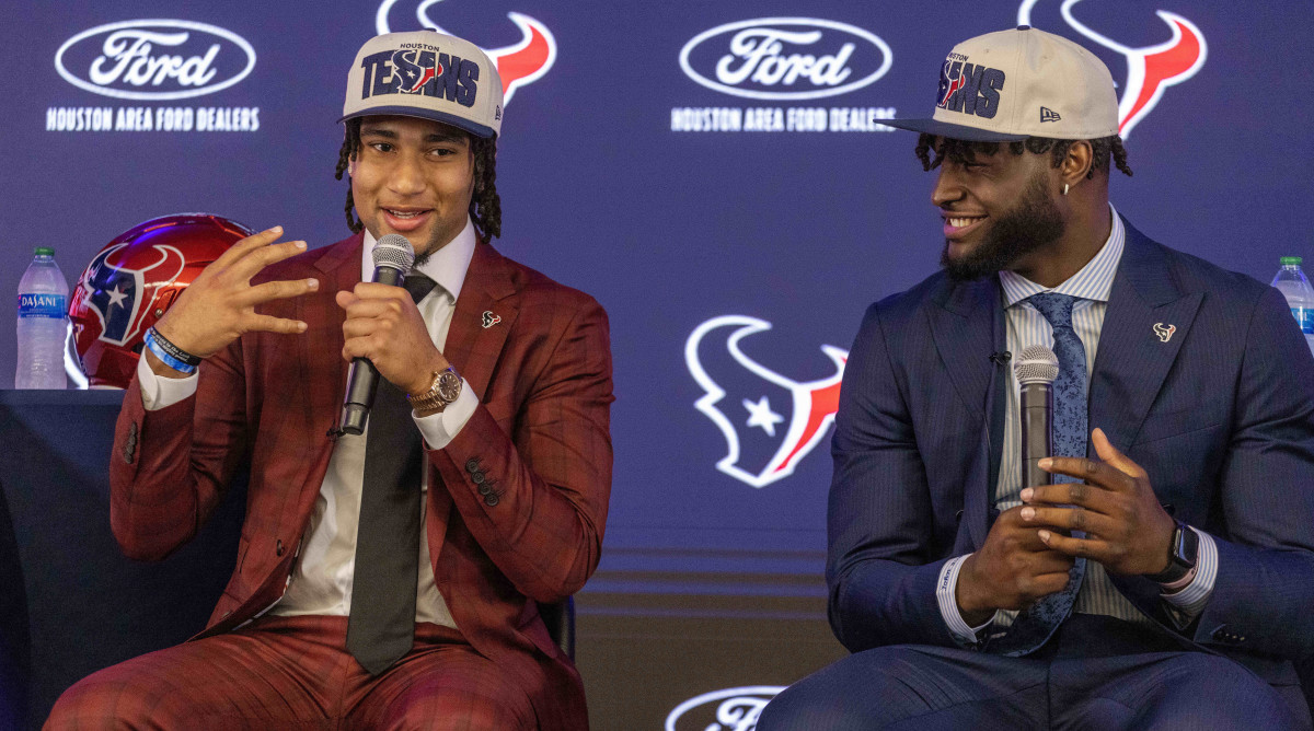 Houston Texans quarterback CJ Stroud (left), second overall pick in the 2023 NFL Draft, and Texans linebacker Will Anderson Jr., third overall pick in the 2023 NFL Draft, answer questions at a press conference